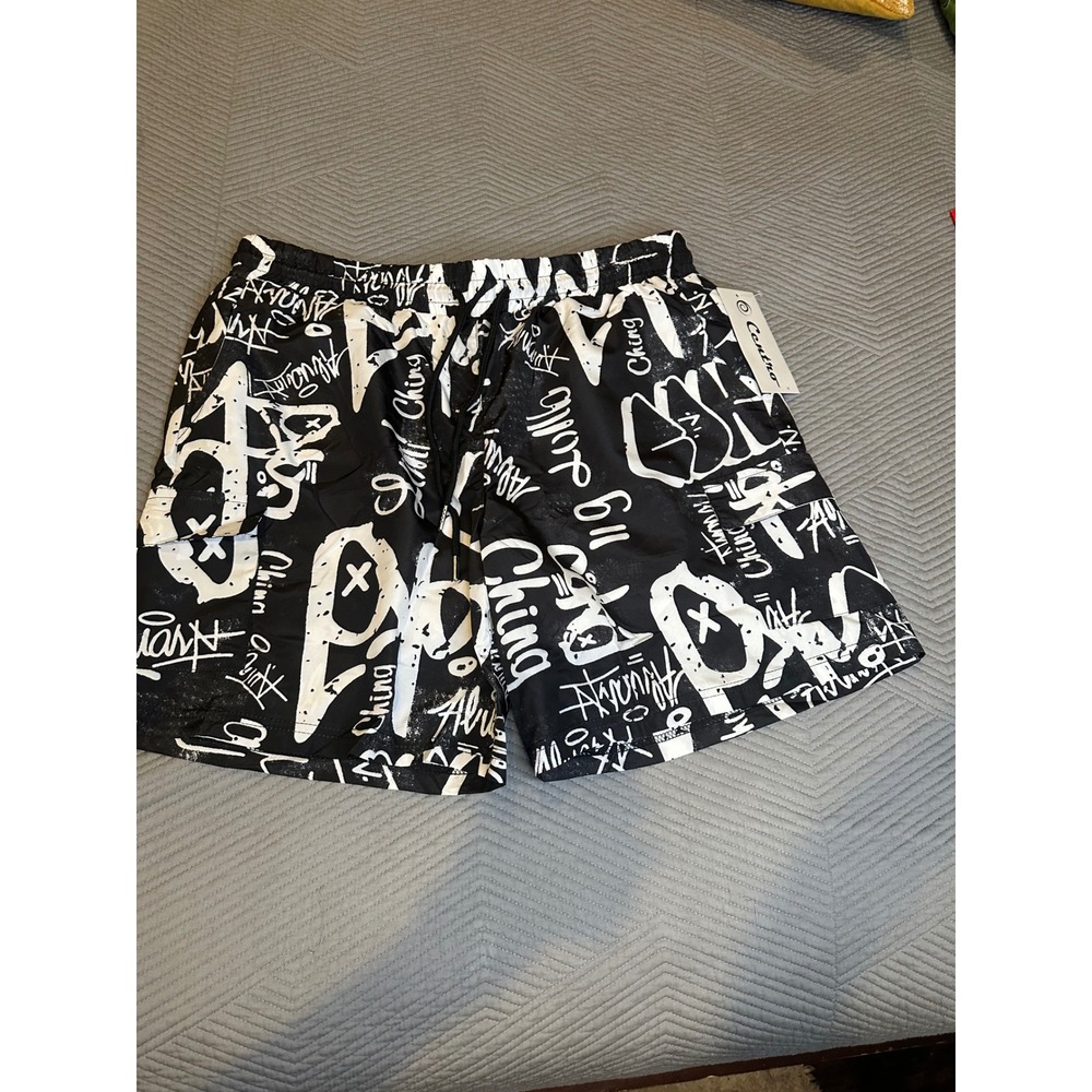Centro MS1004 Mens Graffiti Print Swim Trunks Black White XL NWT
